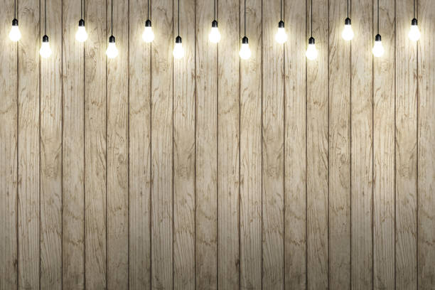istock wood wall with bulb lights lamp. 639234560
