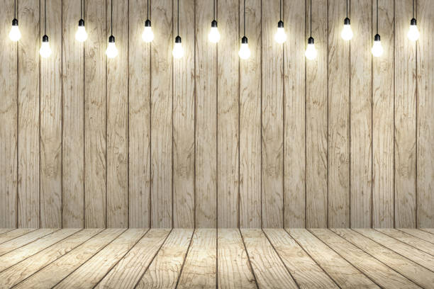 istock wood wall with bulb lights lamp. 639234660