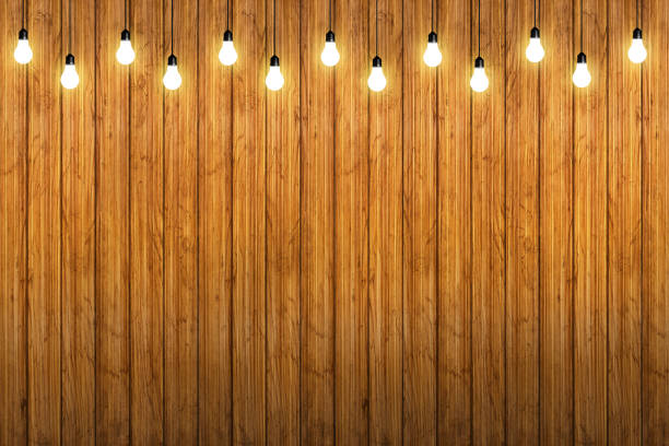 wood wall with bulb lights lamp.