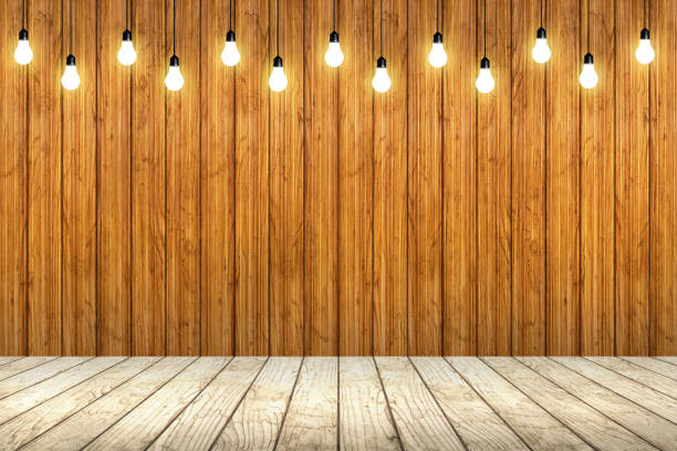 istock wood wall with bulb lights lamp. 639235046