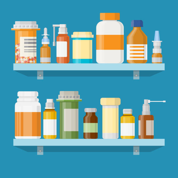ilustraciones, imágenes clip art, dibujos animados e iconos de stock de moderno interior farmacia o farmacia. - pharmacy medicine narcotic nutritional supplement