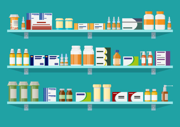 ilustraciones, imágenes clip art, dibujos animados e iconos de stock de moderno interior farmacia o farmacia. - pharmacy medicine narcotic nutritional supplement