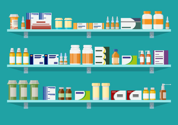현대 인테리어 약국 또는 drugstore. - pharmacy medicine narcotic nutritional supplement stock illustrations