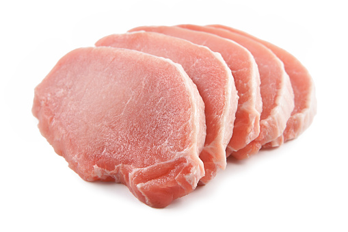 Rodajas de carne de res, cerdo, lomo de cerdo sobre un fondo blanco photo