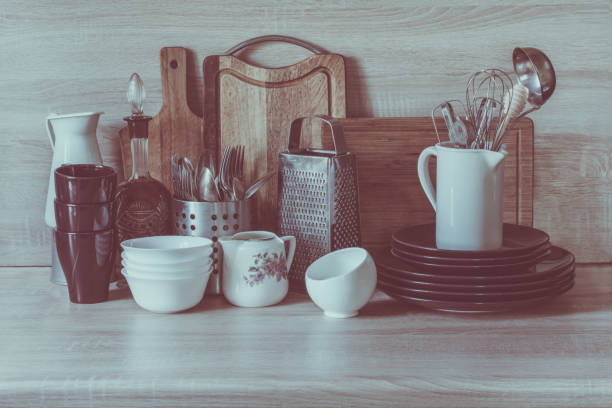 istock Kitchen still-life as background for design. Crockery, tableware on  table-top. 639239028