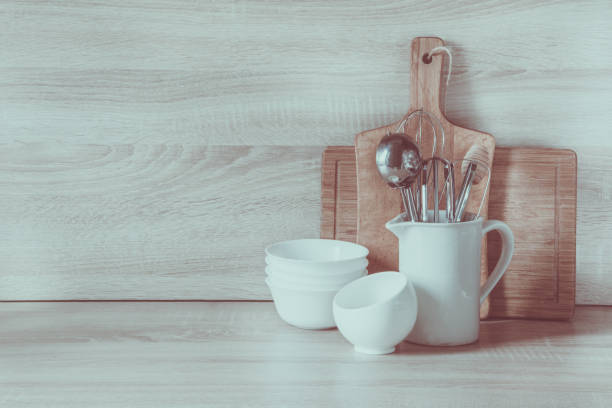 istock Kitchen still-life as background for design. Crockery, tableware on  table-top. 639239228