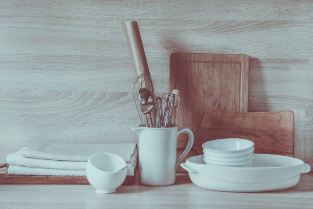 istock Kitchen still-life as background for design. Crockery, tableware on  table-top. 639239342