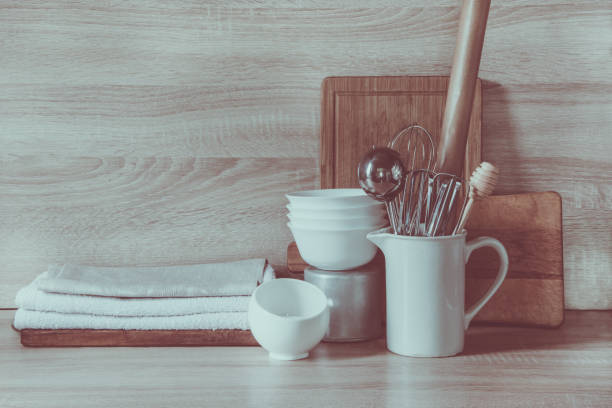 istock Kitchen still-life as background for design. Crockery, tableware on  table-top. 639239450