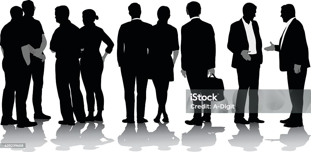 Business In The US Vector Silhouette A vector silhouette illustration of a line of business men and woman including a group of four people talking, a couple standing together, a man with a briefcase, and two men going for a hand shake. In Silhouette stock vector