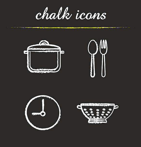 Kitchen items icons Kitchen items chalk icons set. Vector. Stewpan, fork and spoon, clock, sieve sports chalk stock illustrations
