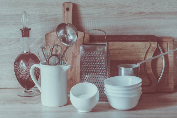 istock Kitchen still-life as background for design. Crockery, utensils on  table-top. 639240382