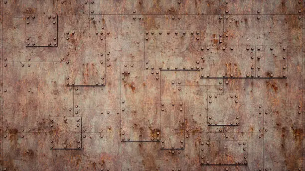 Photo of Abstract Rusty Industrial Background With Thick Metal Plates And Bolts