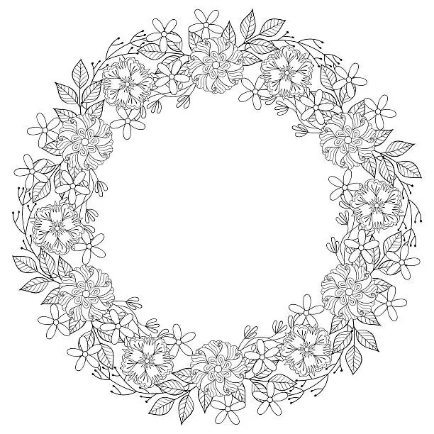 Vector illustration of Floral doodles wreath in ornamental style. Vector circ