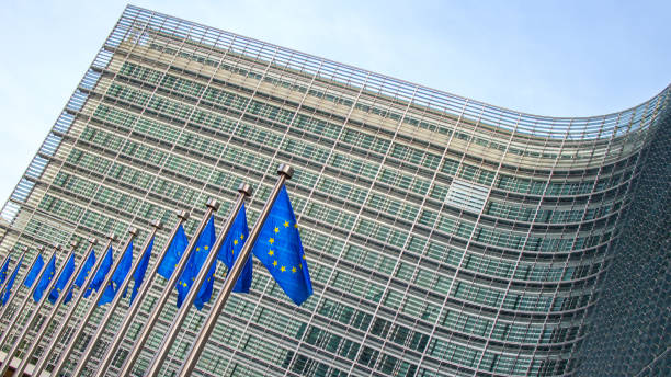 flagi europejskie przed budynkiem berlaymont - berlaymont building zdjęcia i obrazy z banku zdjęć