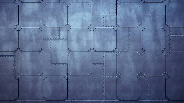 parete di fabbrica semplice fatta di piastre metalliche - tiled floor dirty blue wall foto e immagini stock