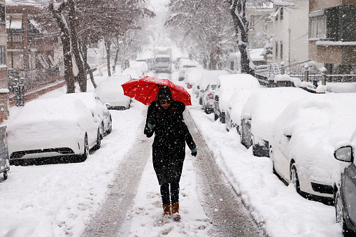 Young women walking in istanbul street,snowy day