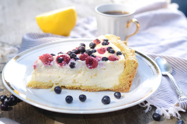 Sunny Photo with a morning breakfast in rustic style. Cheesecake