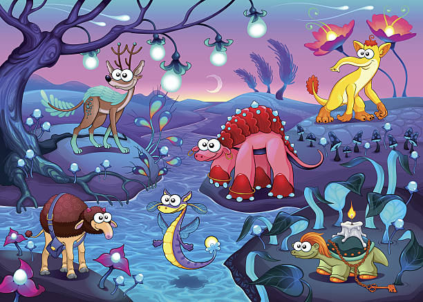 istock Group of funny animals in a fantasy landscape 639265124