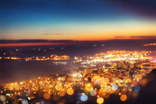 istock Tilt shift blur effect. Night aerial view panorama, Varna Town 639266426