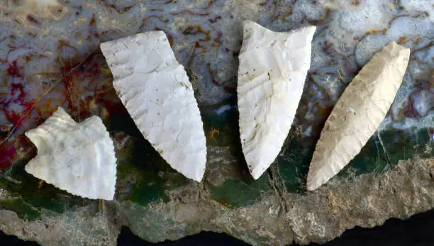 Paleo midwestern arrowheads made 7000 to 8000 years ago found near Pettis, Missouri.