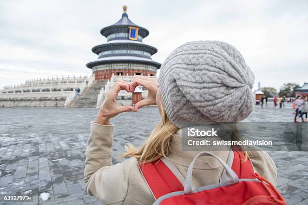 Woman Making Heart Shape Finger Frame Temple Of Heavenbeijing Stock Photo - Download Image Now