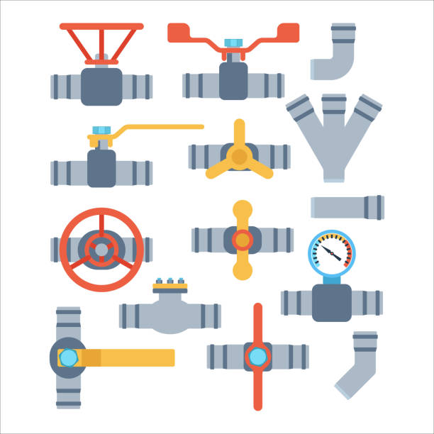 Pipes vector icons isolated. Details pipes different types collection. Vector set of water tube industry, gas valve construction. Oil industrial pressure technology plumbing. Steel factory engineering. pvc flange stock illustrations