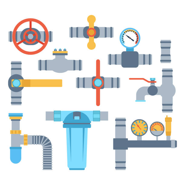 Pipes vector icons isolated. Details pipes different types collection. Vector set of water tube industry, gas valve construction. Oil industrial pressure technology plumbing. Steel factory engineering. pvc flange stock illustrations