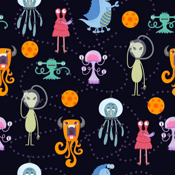 Vector illustration of Cute funny cartoon monsters seamless pattern