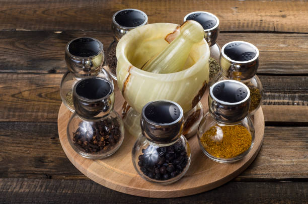istock spices in spoons and Jar with mortar on wodeen background 639280082