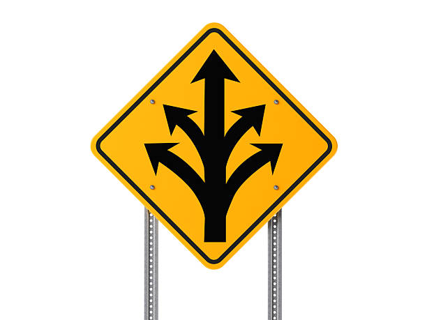 istock Yellow Branching Off Road Sign Isolated on White Background 639280690