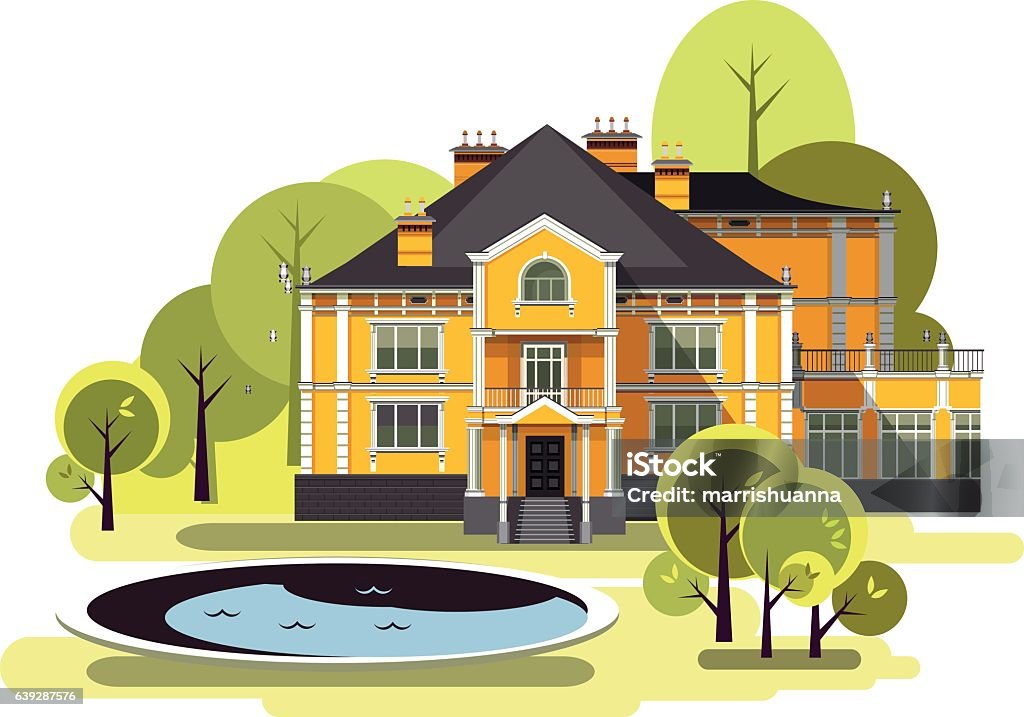 ancient manor vector vector illustration of a two-storey country mansion with a garden around it landscaped, garden maze, trees and bushes in the sky Mansion stock vector