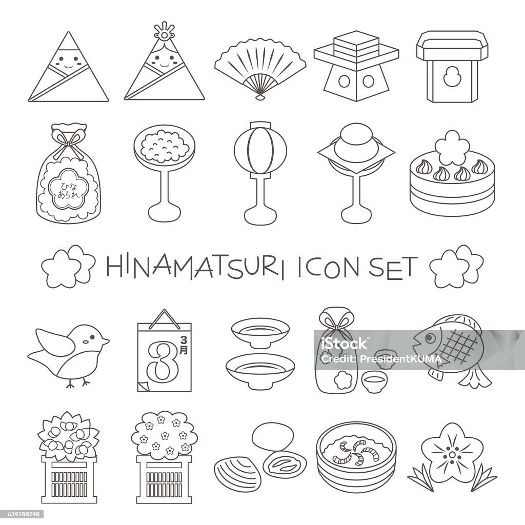 Conjunto de iconos de línea delgada del festival de muñecas japonesas - arte vectorial de Amazake libre de derechos