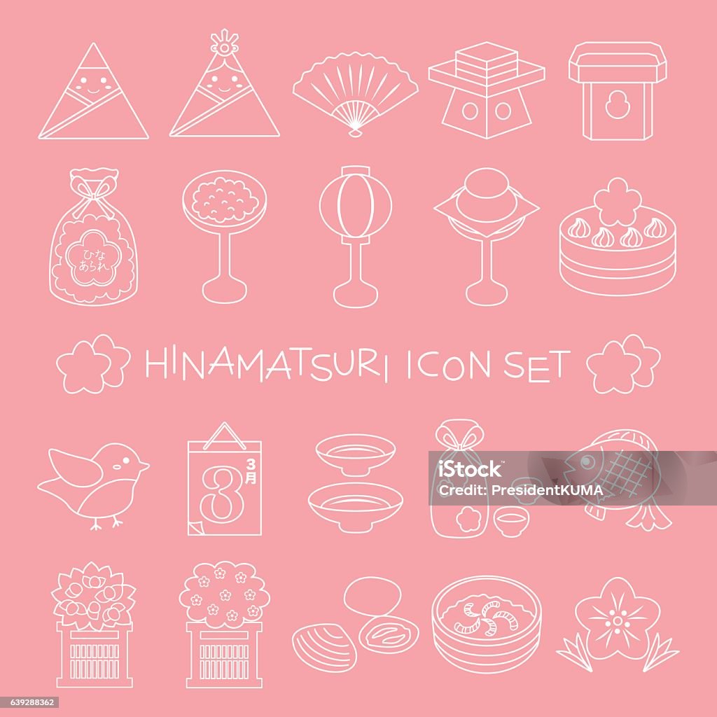 Conjunto de iconos de línea delgada del festival de muñecas japonesas - arte vectorial de Abanico plegable libre de derechos