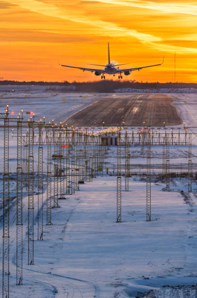 istock Airplane landing in sunset 639290746
