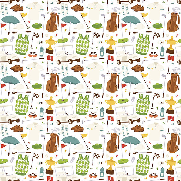 Golf seamless pattern vector. Seamless cartoon golf game pattern bag icon hobby car equipment. Vector texture sport illustration design game decoration. Modern player exercise recreation background. golf cart vector stock illustrations