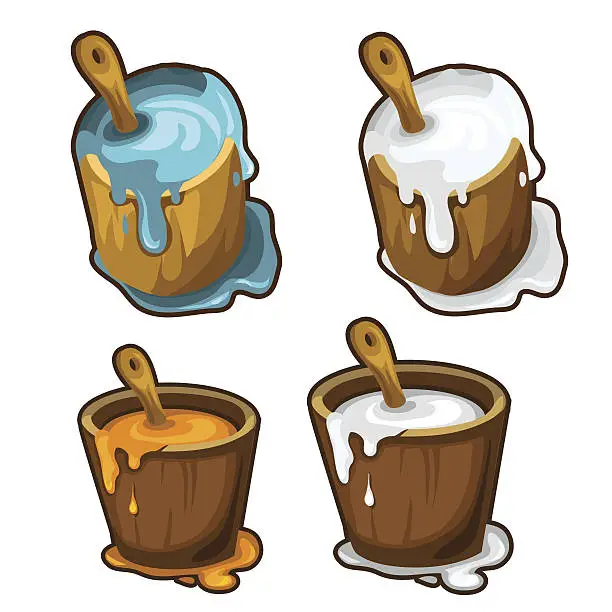 Vector illustration of Wooden buckets with blue, white and yellow paint