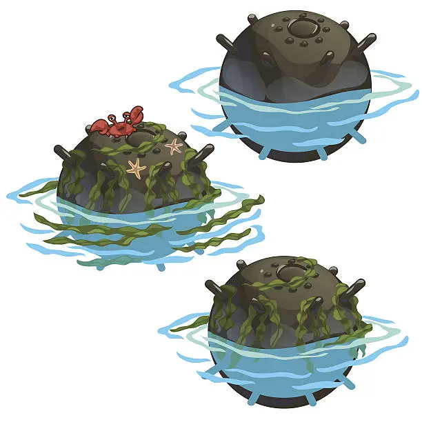 Vector illustration of Outdated underwater mine with seaweed and crab