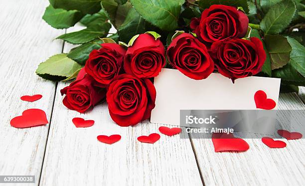 Red Roses And Greeting Card Stock Photo - Download Image Now - Arrangement, Beauty In Nature, Blossom