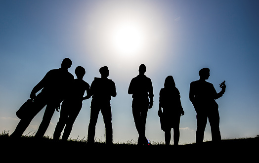 Low angle view of large group of silhouettes standing in meadow. Copy space.