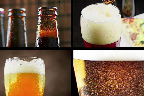multiscreen scene with pouring, drink and close-up fresh beer, lifestyle and relax concept, scene with split screen