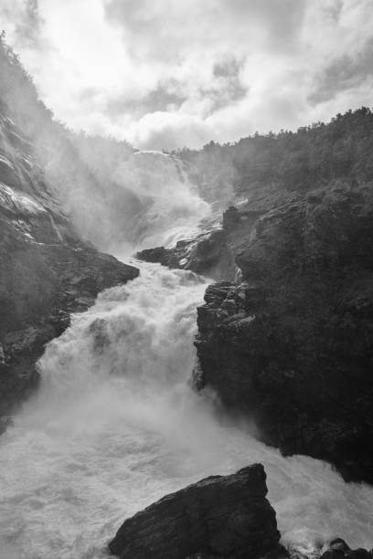 cascade spectaculaire de kjosfossen en norvège. flam myrdal chemin de fer hig - hig up photos et images de collection