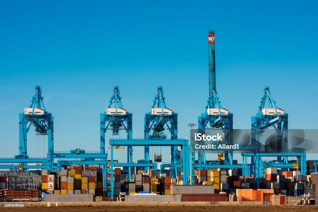 Large Cranes at Container Terminal in Rotterdam Harbour Large Cranes at Container Terminal in Harbour of Rotterdam, Netherlands. Business Stock Photo