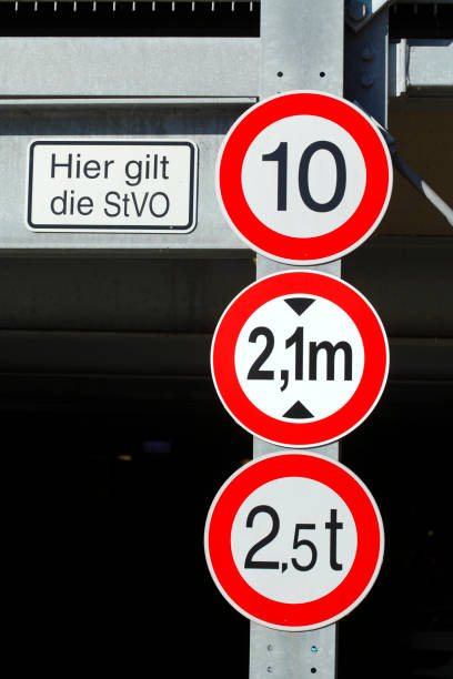 traffic signs in front of a parking garage entrance - number 10 number sign speed limit sign imagens e fotografias de stock