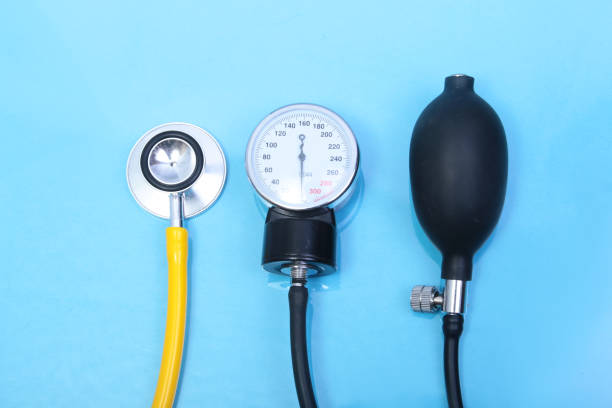 istock Stethoscope and medical equipmenton on blue background 639310526