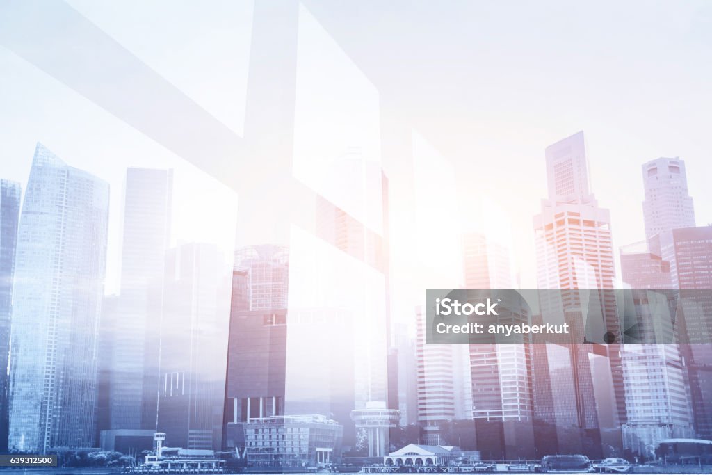 futuristic business background, office window futuristic business background, double exposure of office window and city skyline Backgrounds Stock Photo