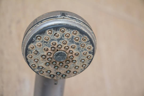 Hard water deposit and rust on shower tap Hard water calcium deposit and corrosion on chrome shower tap toughness photos stock pictures, royalty-free photos & images