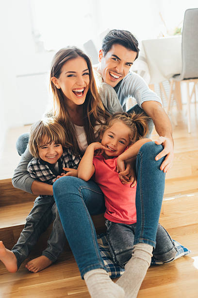 young happy familia - family white family with two children cheerful fotografías e imágenes de stock