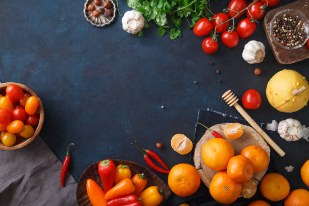 istock Fruits, vegetables and herbs on blue background 639316008