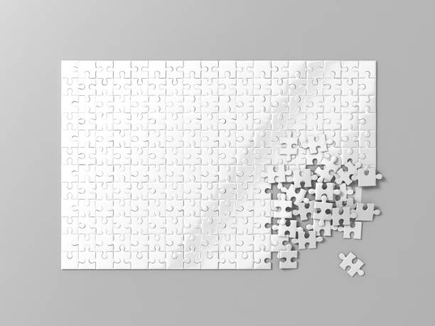 istock Blank white puzzles game mockup, connecting together, 3d rendering. 639317676