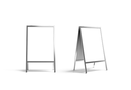Blank white metallic outdoor stand mockup set, isolated, front and side view, 3d rendering. Clear street signage board mock up. A-board with metal frame template.